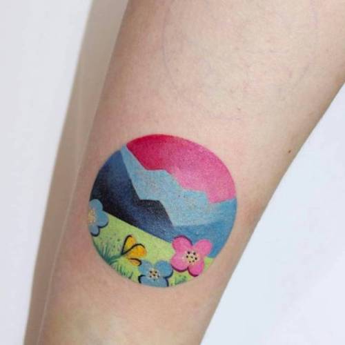 By Ann Lilya, done at Good Sign Tattoo, Minsk.... geometric shape;small;circle;landscape;facebook;nature;twitter;annlilya;inner forearm;illustrative