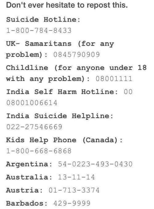 bakerstreetbabes:World mental health hotlines. Please, if you’re...