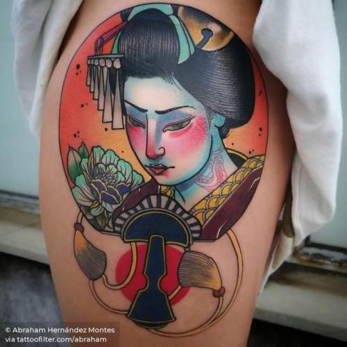 By Abraham Hernández Montes, done at Awara Tattoo, Seville.... flower;patriotic;hip;neo japanese;big;japanese culture;abraham;hand fan;women;thigh;facebook;nature;twitter;hand tool;other;geisha;neotraditional;peony