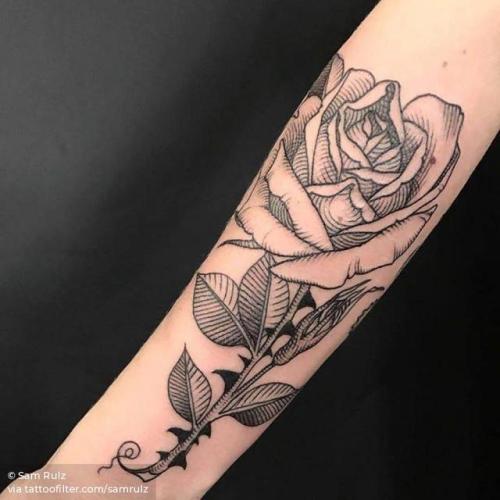 By Sam Rulz, done at Vienna Electric Tattoo, Vienna.... flower;big;samrulz;rose;facebook;nature;blackwork;forearm;twitter;engraving;illustrative