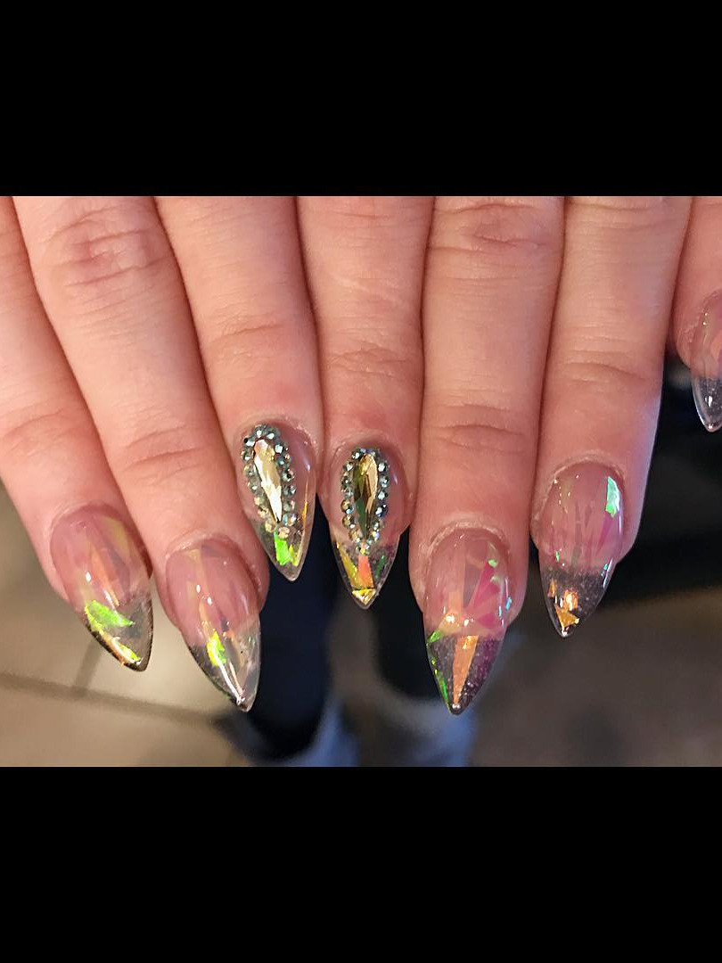 fashion nails, orange nails, posh nails, funny bunny opi, aqua nails In love with these Broken Glass Nails and Teardrop Rhinestones 