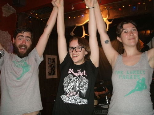 yes that is the burning hell wearing lonely parade shirts, and the lonely parade wearing a burning hell shirt. last night was such an amazing show!! the burning hell killed it and we had a really fun time playing :) also check out our lil baby...