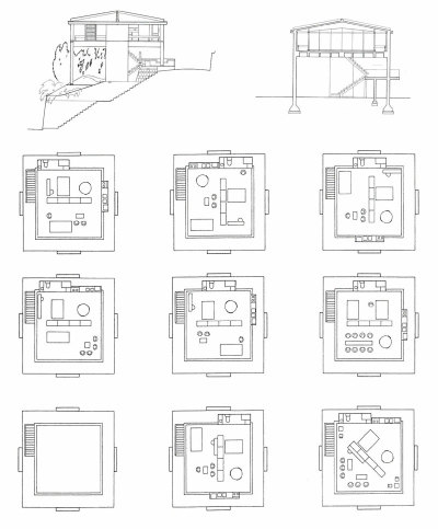 ryanpanos:<br /><br />The Metabolist Sky House | Kiyonori Kikutake | Socks Studio<br />The house the Japanese architect Kiyonori Kikutake (1928-2011) designed and built for himself in 1958, still stands out as a monument to his life-long architectural beliefs. A founding member of theMetabolist movement, Kikutake laid the foundation for an architecture able to intrinsically provide its own rules for growth, and for new models of cities able to develop over new physical grounds. His own Sky-House is an elevated single volume that literally embodies both these key principles on a domestic scale.<br />The house consists of a single 10x10m concrete slab  raised up on 4,5 m high piers located on the central axe of each side, in order to free the corners. The piers also support the concrete roof. The architect’s refusal of functionalism is materialized in an open, flexible floor plan with a central living space and service areas on the sides, which recalls traditional Japanese interiors. All around this single space runs a continuous balcony.<br />