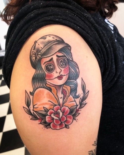 Traditional Coraline tattoo done by Candeeo at Yer Cheat’n Heart... 
