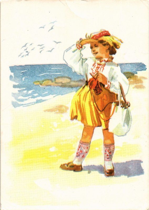 Girl in a traditional dress. Postcard by Asta Vender, Estonia (1958)