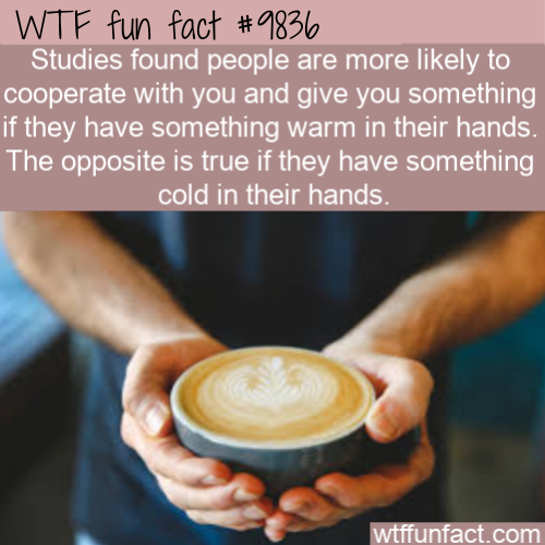 Studies found people are more likely to cooperate with you and give you something if they have something warm in their hands. The opposite is true if they have something cold in their hands