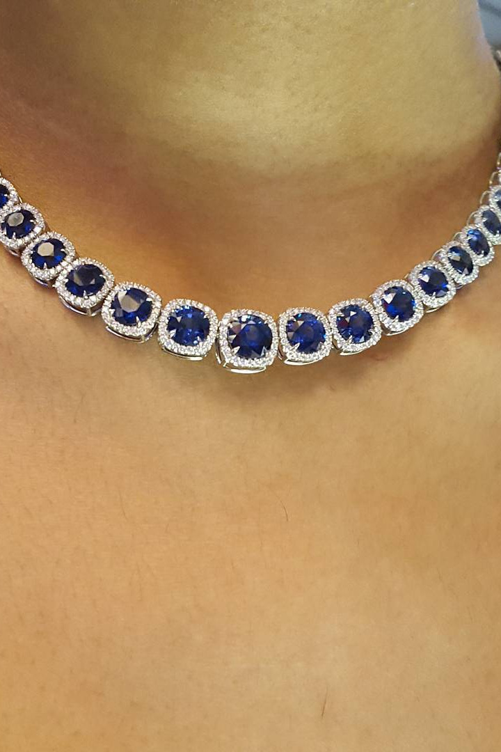 accessories, emerald engagement rings, style, stylish, pictures 45 carats of perfectly color-matched blue sapphires surrounded by diamonds and set in platinum highlight this incredible statement necklace. , OhmyOMI , omiprive , sapphire , platinum , necklace 