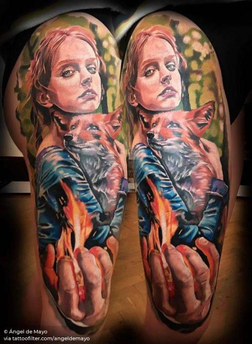 By Ángel de Mayo, done at 2. Heidelberg Tattoo Convention,... alexandra bochkareva;angeldemayo;art;big;facebook;realistic;thigh;twitter
