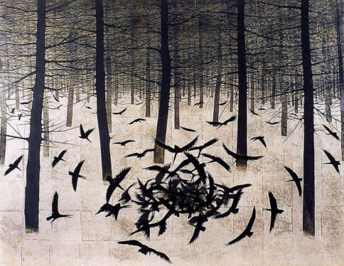 Crows in a Frozen Forest. Matazō Kayama, Japanese painter born in Kyoto in 1927 • Bibliothèque Infernale on FB