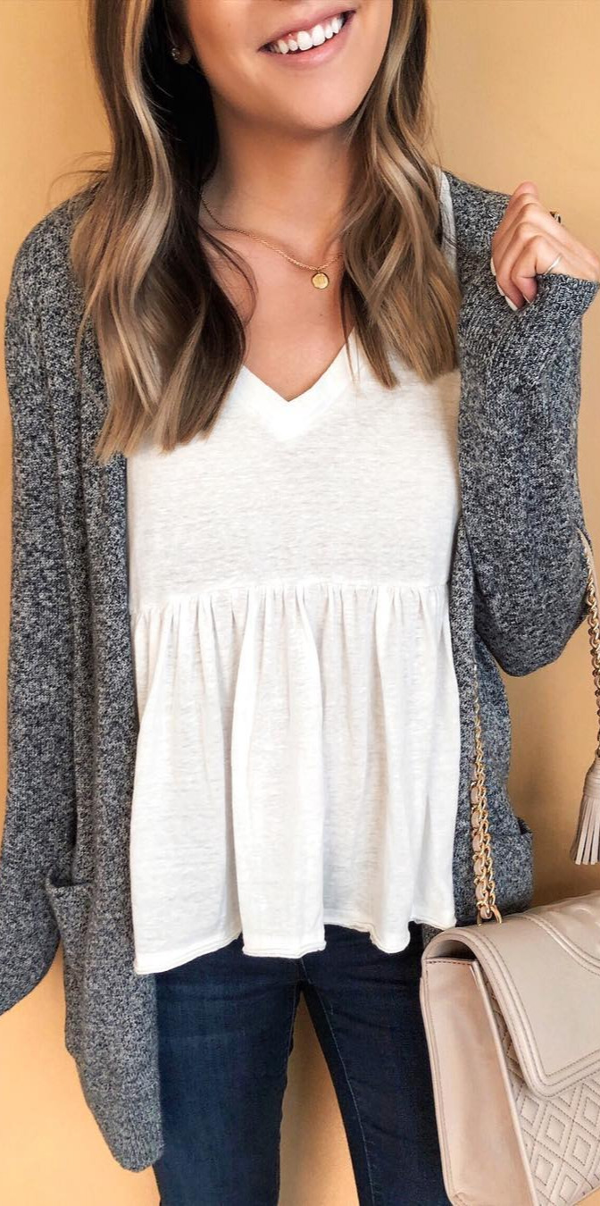 streetwear, celebrity weight, #Style, #Loveit Last chance to grab this cardi for 40% off ($20.99)!! Comes in a few other colors too! Also love this sweet little peplum tee so much that I had to grab it in white (I also have the gray) and they just came out with a tank version, so I linked that one too! | Shop my posts at thestyledpress.com/shop or by following me on the app! 