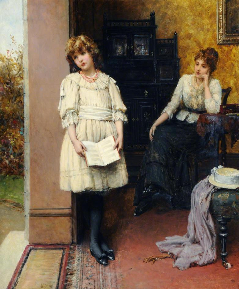 The Lesson. William Oliver II (British, 1823-1901). Oil on canvas. Sheffield City Art Galleries.
Oliver often painted female figures depicting the British Victorian era. Here, the student is distracted from her reading by something more interesting...