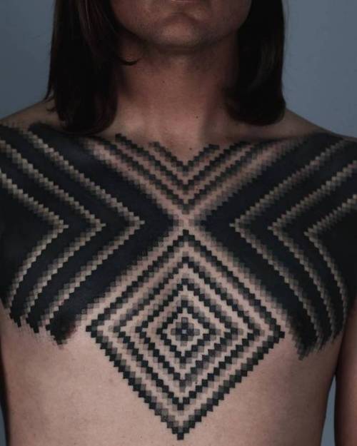By Roxx, done at 2Spirit Tattoo, Santa Monica.... optical illusion;big;chest;op art;facebook;blackwork;twitter;roxx;geometric