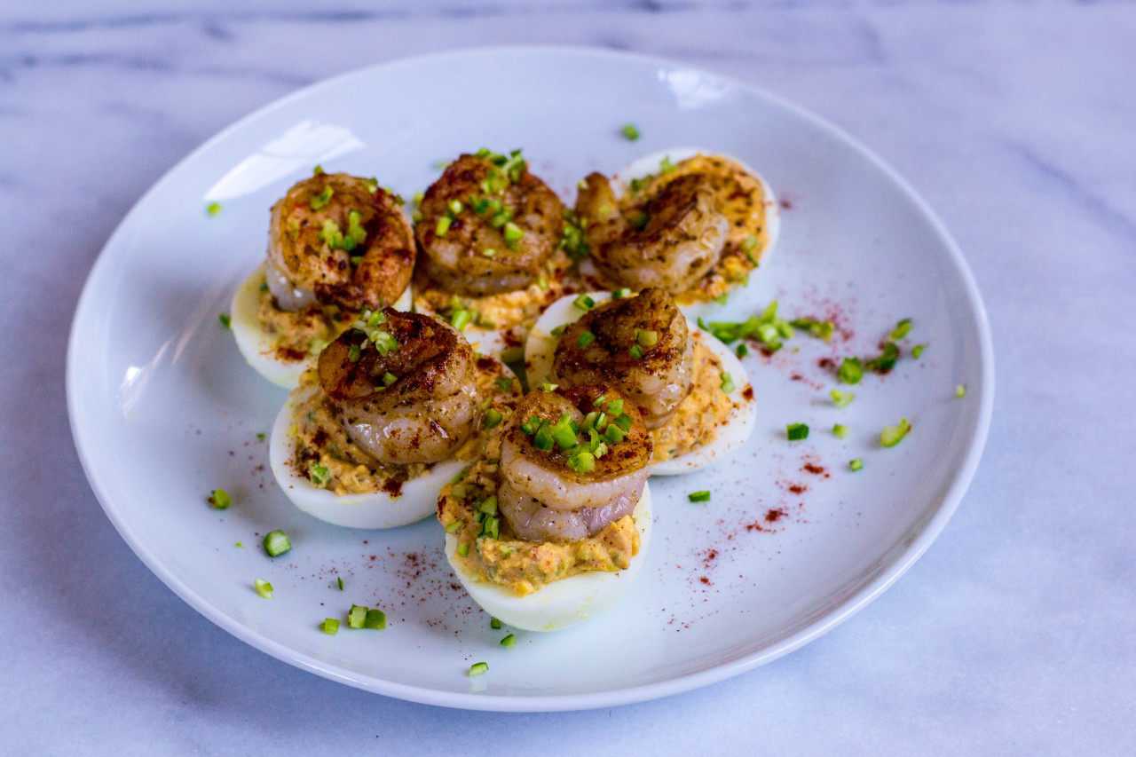 Image of Cajun-spiced shrimp on deviled eggs