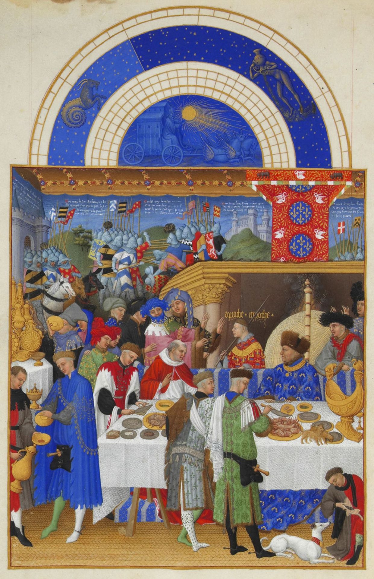 museumaddictsanonymous:
“Paul, Herman, and Jean Limbourg, January, The Duke of Berry at Table (from Très Riches Heures), 1411-16
”