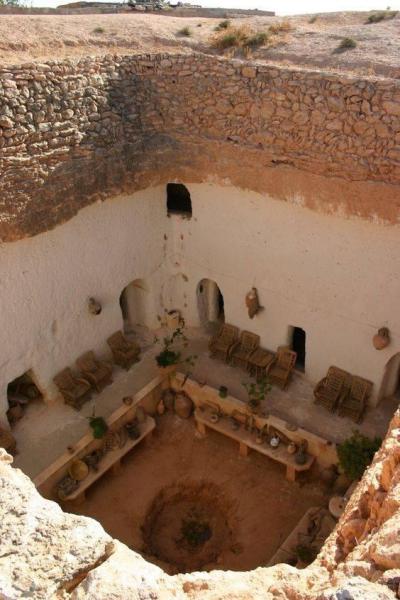 A troglodyte cave house in Gharyan, Libya. The house was dug out in 1666 and it is still being used today.