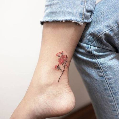 By Ilwol Hongdam, done at Hongdam Tattoo, Seoul.... flower;small;cherry blossom;hongdam;spring;watercolor;tiny;ankle;ifttt;little;nature;four season;illustrative
