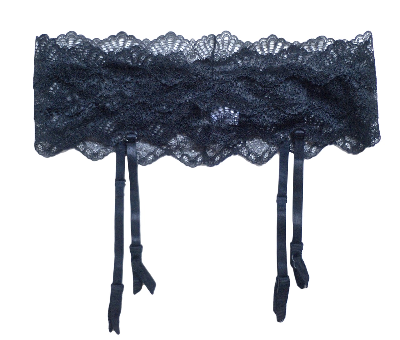 A black lace garter belt from The Giving Bride....
