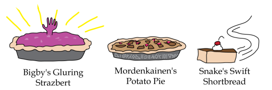 Snake's Swift Shortbread, Bigby's Gluring Strazbert, Mordenkainen's Potato Pie