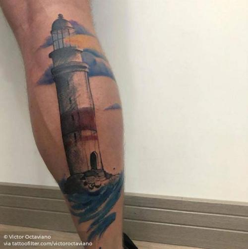 By Victor Octaviano, done at Puros Cabrones Tattoo, Santo André.... architecture;big;calf;facebook;lighthouse;nature;ocean;other;on dark skin;twitter;victoroctaviano;watercolor