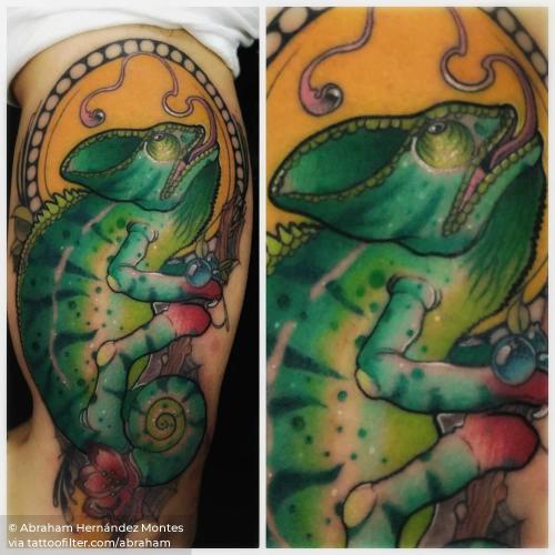 By Abraham Hernández Montes, done at Awara Tattoo, Seville.... abraham;animal;big;chameleon;facebook;inner arm;neotraditional;reptile;twitter