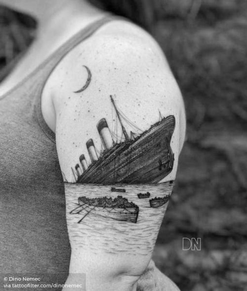 By Dino Nemec, done at Lone Wolf Private Tattooing Studio,... dinonemec;film and book;big;facebook;titanic;twitter;illustrative;upper arm