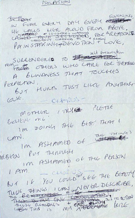 lizaattwood:‘Isolation’ handwritten lyrics by Ian Curtis.