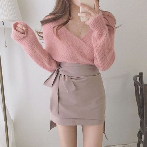 softjoy:similar: v neck sweater + skirt + necklace