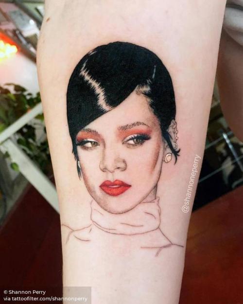 By Shannon Perry, done at Valentine’s Tattoo Co., Seattle.... music;barbados;patriotic;contemporary;women;character;facebook;rihanna;twitter;pop art;inner forearm;shannonperry;medium size;other