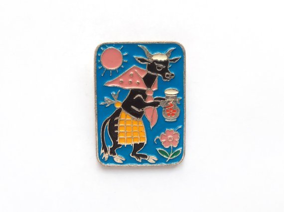 Cow with a jug of milk - vintage enamel pin (buy)