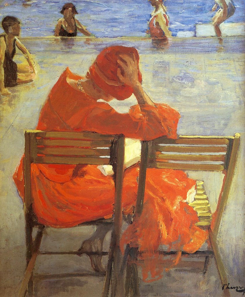 Books and Art: Girl in a red dress reading by a swimming ...