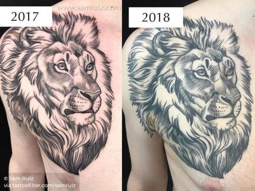 By Sam Rulz, done at Vienna Electric Tattoo, Vienna.... animal;astrology;big;blackwork;chest;engraving;facebook;feline;healed;leo;lion;other;samrulz;twitter;zodiac