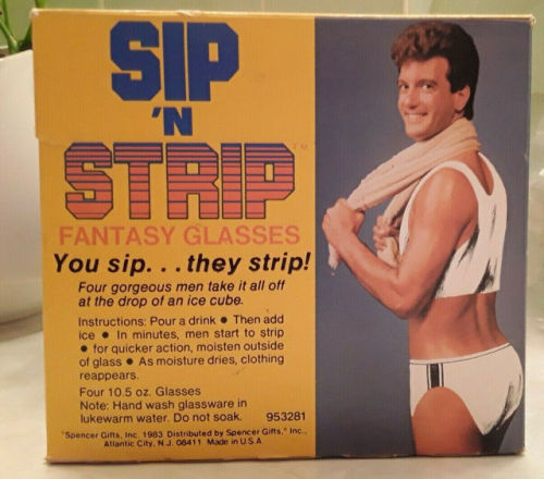 collectorsweekly:Sip ‘N Strip glasses made by Spencer’s Gifts,...