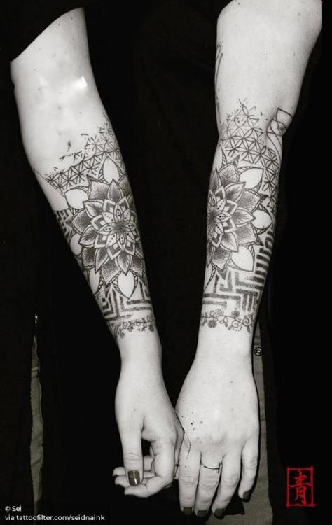 By Sei, done at DNA Ink Studio, Dénia. http://ttoo.co/p/28441 seidnaink;dotwork;big;of sacred geometry shapes;half sleeve;mandala;facebook;forearm;twitter;sacred geometry