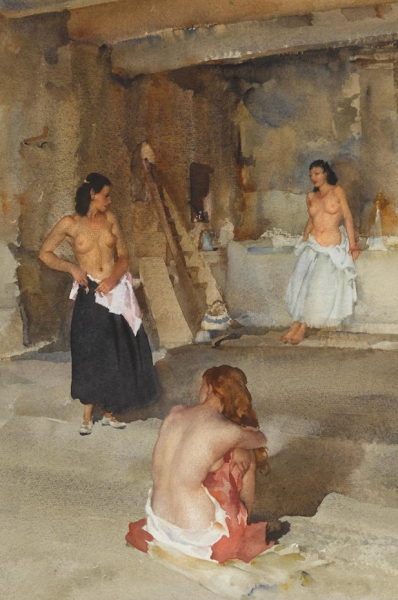 A Provençal Trio, 1951. Details.
William Russell Flint (Scottish, 1880–1969)
Watercolour