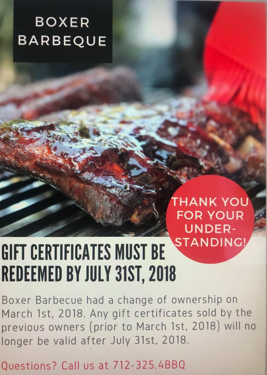 <p>Any gift certificates purchased after March 1st are from the new owners and will remain valid. Thank you!</p>