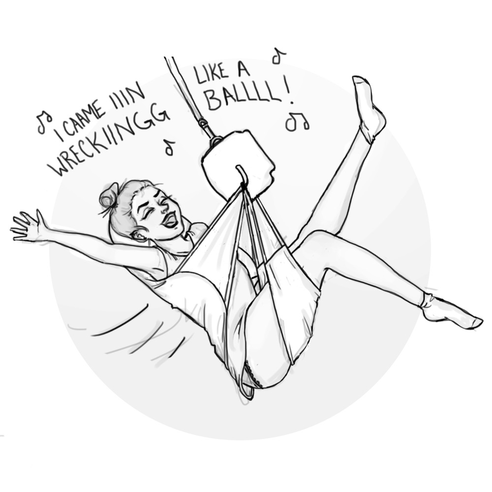 [Image Description: drawing of a girl swinging across in a ceiling lift and sling, kicking out her arm and legs, singing “I CAME IN LIKE A WRECKING BALL!”]
How we feel almost every time using the lift.