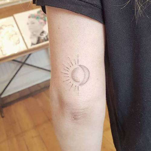 By Sarah March, done at Die-Monde Tattoo, Wadebridge.... small;astronomy;tricep;tiny;sarahmarch;hand poked;ifttt;little;sun and moon