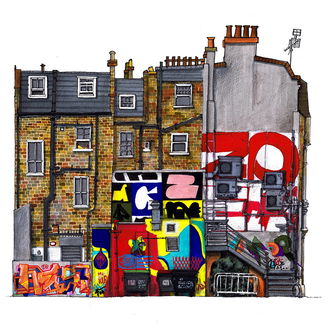 A particular building in Shoreditch, London - a popular location for graffiti and street art. As drawn, the building is a constant canvas yet because the artwork changes so often, I decided to draw some of the work of my international favourite...