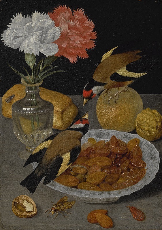 oldpaintings:
â€œ Still-Life of a Roll, Glass Vase of Carnations, an Orange, Walnuts, and a Bowl of Almonds with Goldfinches by Circle of Georg Flegel
â€