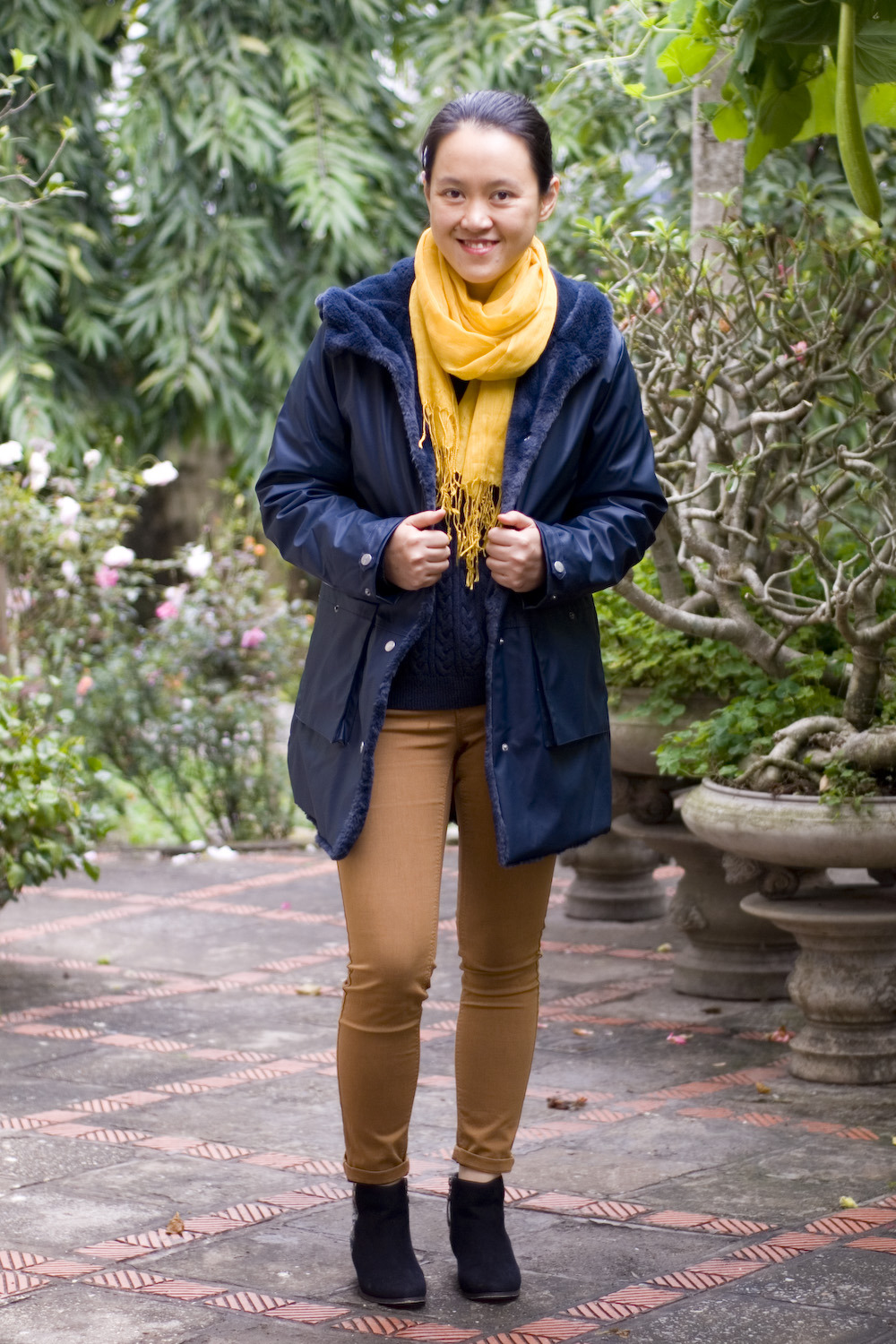 Navy and outlet mustard outfit