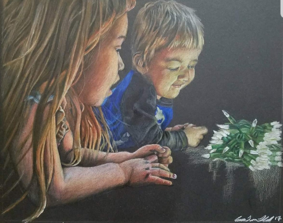 Colored pencil on black mat board 8 inch by 10 inch
