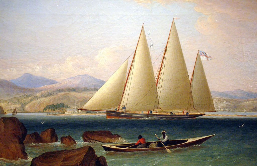 fore and aft rigged sailboat with two masts crossword