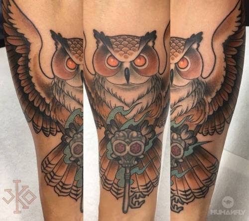 By Joaquin Forero · Joako, done at HumanFly Tattoo, Madrid.... animal;big;bird;facebook;forearm;joaquinforero;neotraditional;owl;twitter