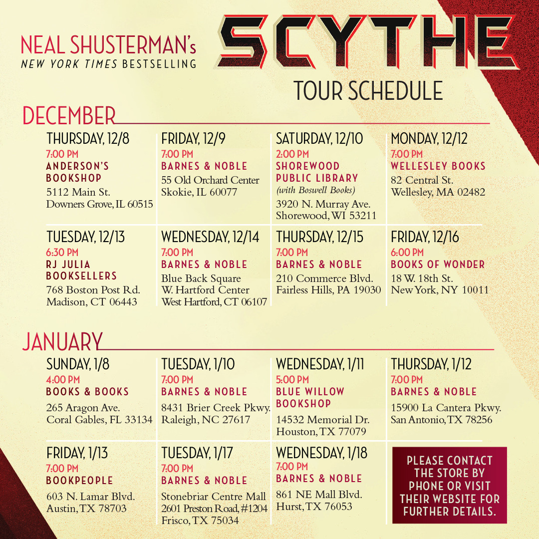 Neal Shusterman 2016 2017 Scythe Public Tour Events