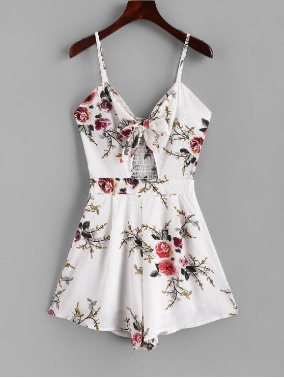 BetterAmazon — Smocked Back Floral Tie Front Cami Romper WHITE