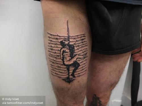 By Indy Voet, done in Brussels. http://ttoo.co/p/31640 horror;punishment;big;indyvoet;thigh;facebook;blackwork;twitter;barbed wire;other