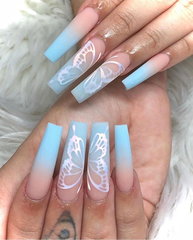 light blue nail designs with butterflies