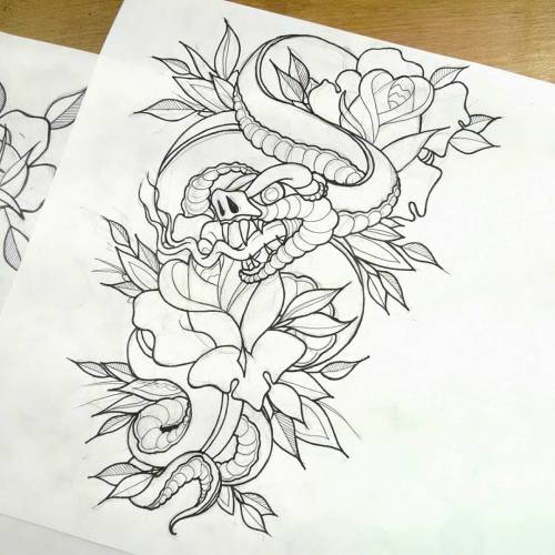 Mercer Draws Things | Neo trad snake and roses for a forearm blast over....