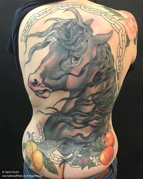 By Sam Rulz, done at Vienna Electric Tattoo, Vienna.... animal;backpiece;big;facebook;horse;illustrative;samrulz;twitter