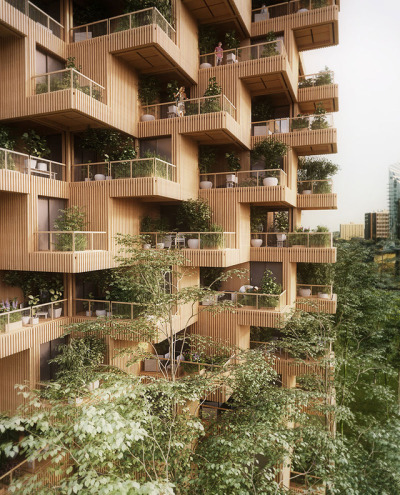 archatlas:<br /><br />Penda proposes Toronto Tree Tower built from cross-laminated timber modules<br /><br /><br />Plants and trees sprout from the modular units that make up this timber-framed high-rise, proposed by architecture firm Penda for Toronto. Penda, which has offices in China and Austria, collaborated with Canadian company Tmber for the Toronto Tree Tower project. They propose an 18-storey residential block that would stand 62 metres tall, with a modular structure made from cross-laminated timber (CLT).<br />Wood would also clad the building’s staggered walls, and trees would grow from the homes’ generous balconies. “Our cities are a assembly of steel, concrete and glass,” said Penda partner Chris Precht. “If you walk through the city and suddenly see a tower made of wood and plants, it will create an interesting contrast. The warm, natural appearance of wood and the plants growing on its facade bring the building to life and that could be a model for environmental friendly developments and sustainable extensions of our urban landscape,” he added.<br />